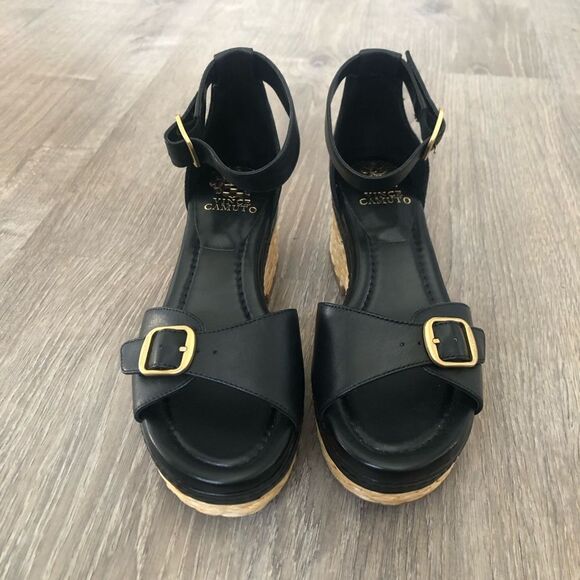 Vince Camuto Meterry Womens Adjustable Wedge Sandals Black Leather Upper Size 7M - Picture 2 of 13
